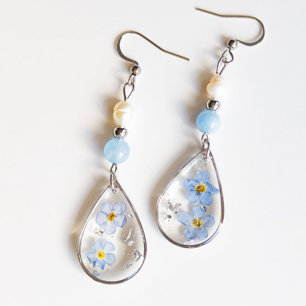 Forget‑Me‑Not, Pearl and Aquamarine Earrings