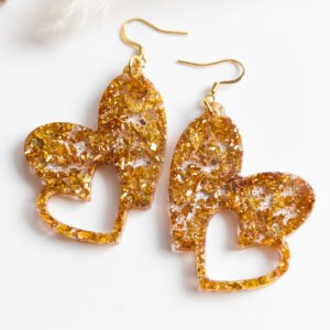 Golden Copper Glitter Heart Earrings