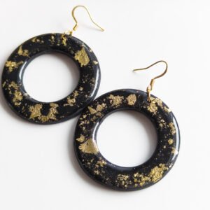 Black and Gold Resin Hoop Earrings