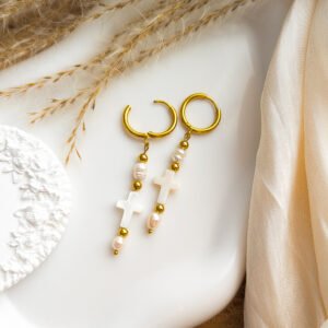 Divine Pearl Cross Hoop Earrings