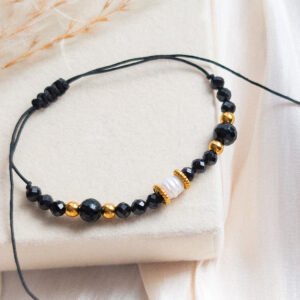 Black Tourmaline & Freshwater Pearl Macrame Bracelet