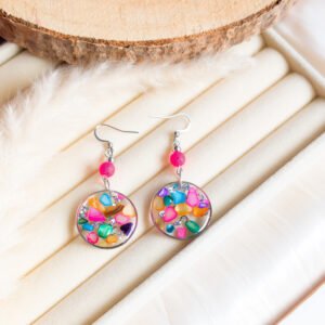 Colourful Sea Shell & Pink Lava Rock Earrings