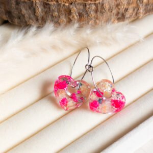 Pink Gypsophila & Silver Flake Heart Hoop Earrings