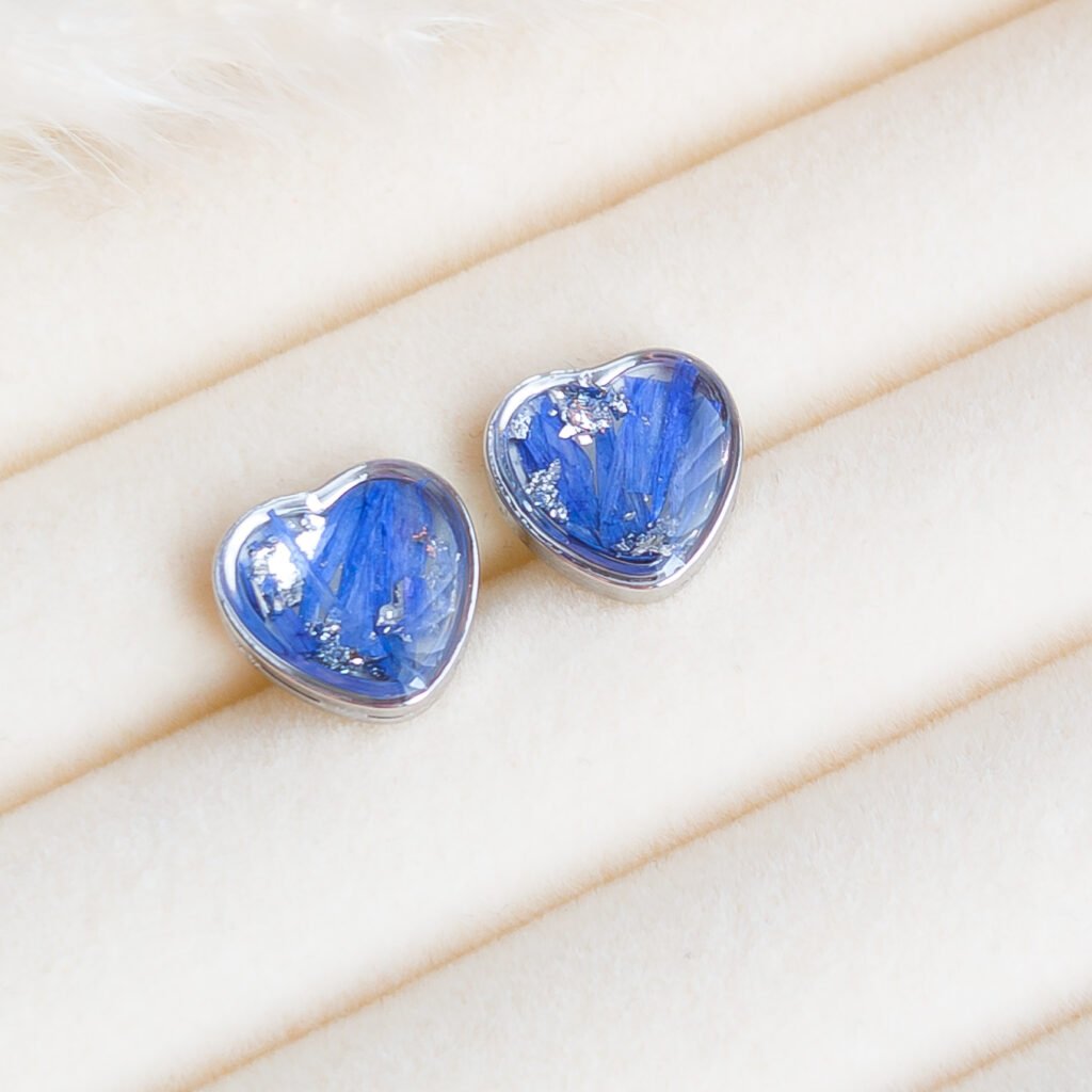 Blue Cornflower Resin Heart Earrings