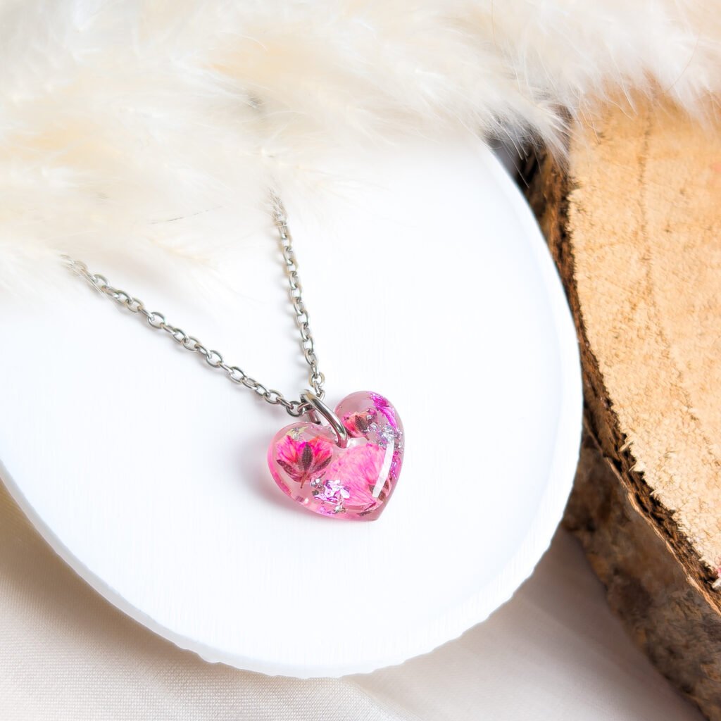 Pink Baby's Breath Heart Necklace