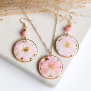 Pink Dried Flower & Gold Flake Jewellery Set