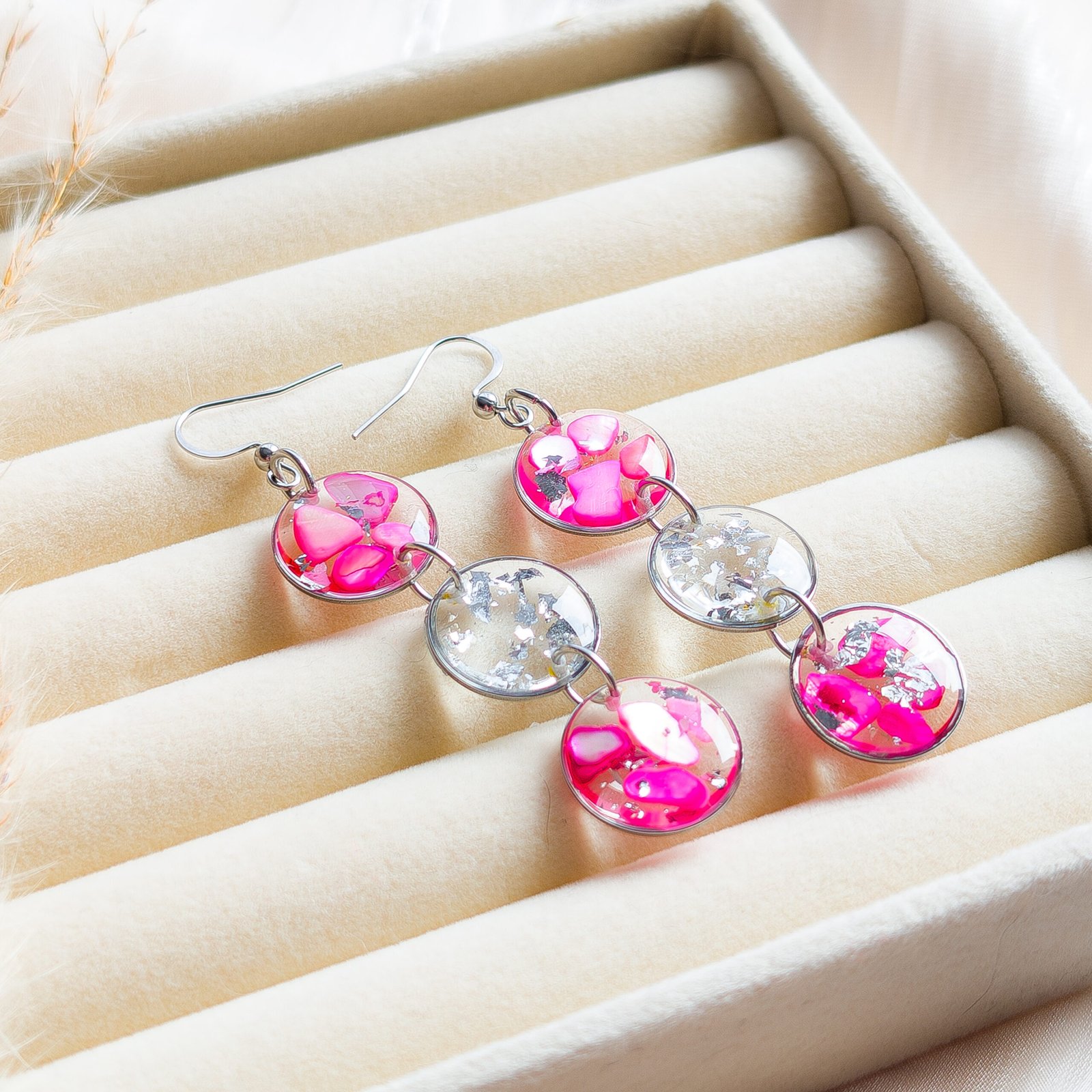 Vibrant Pink Shell Triple Drop Earrings - Image 7