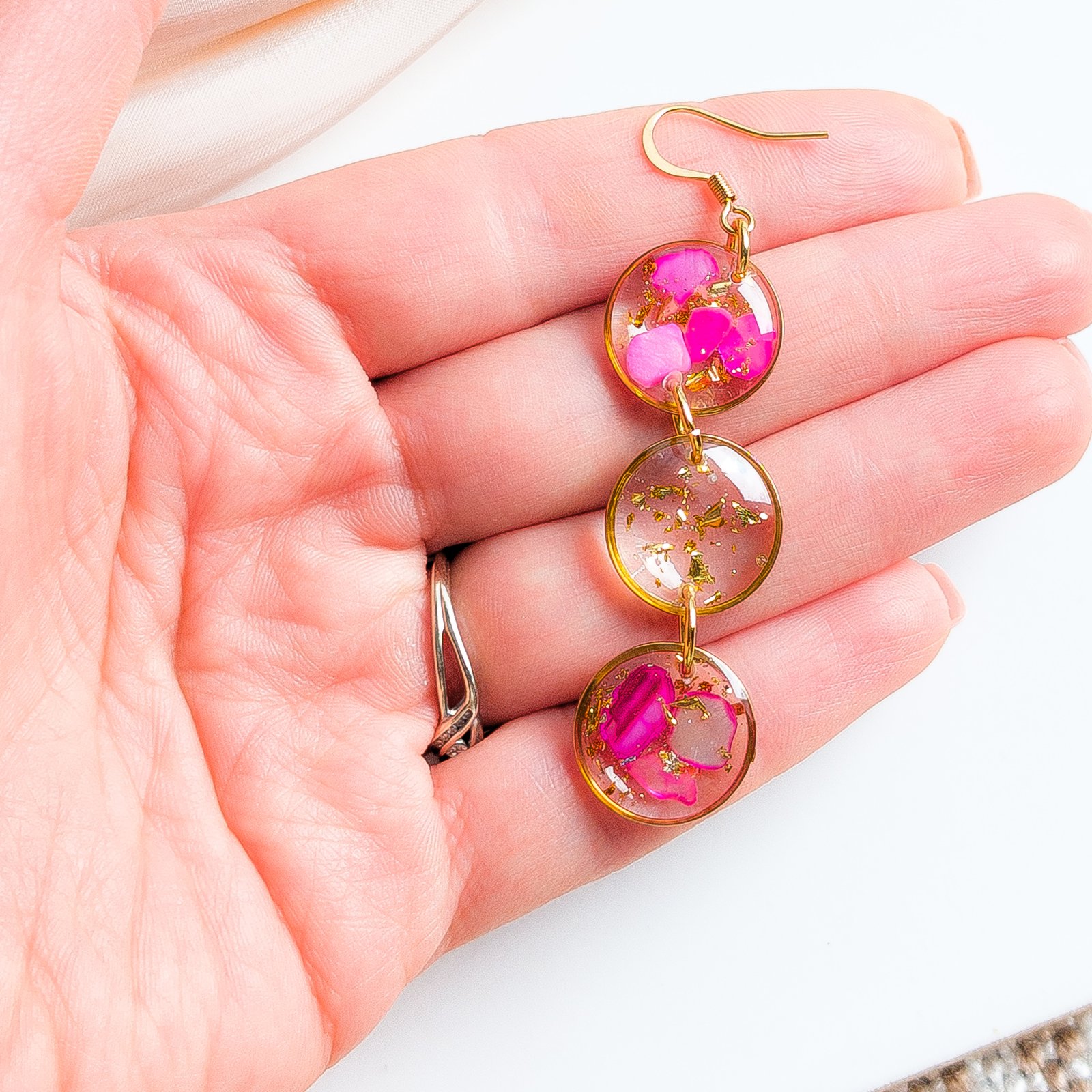 Vibrant Pink Shell Triple Drop Earrings - Image 5
