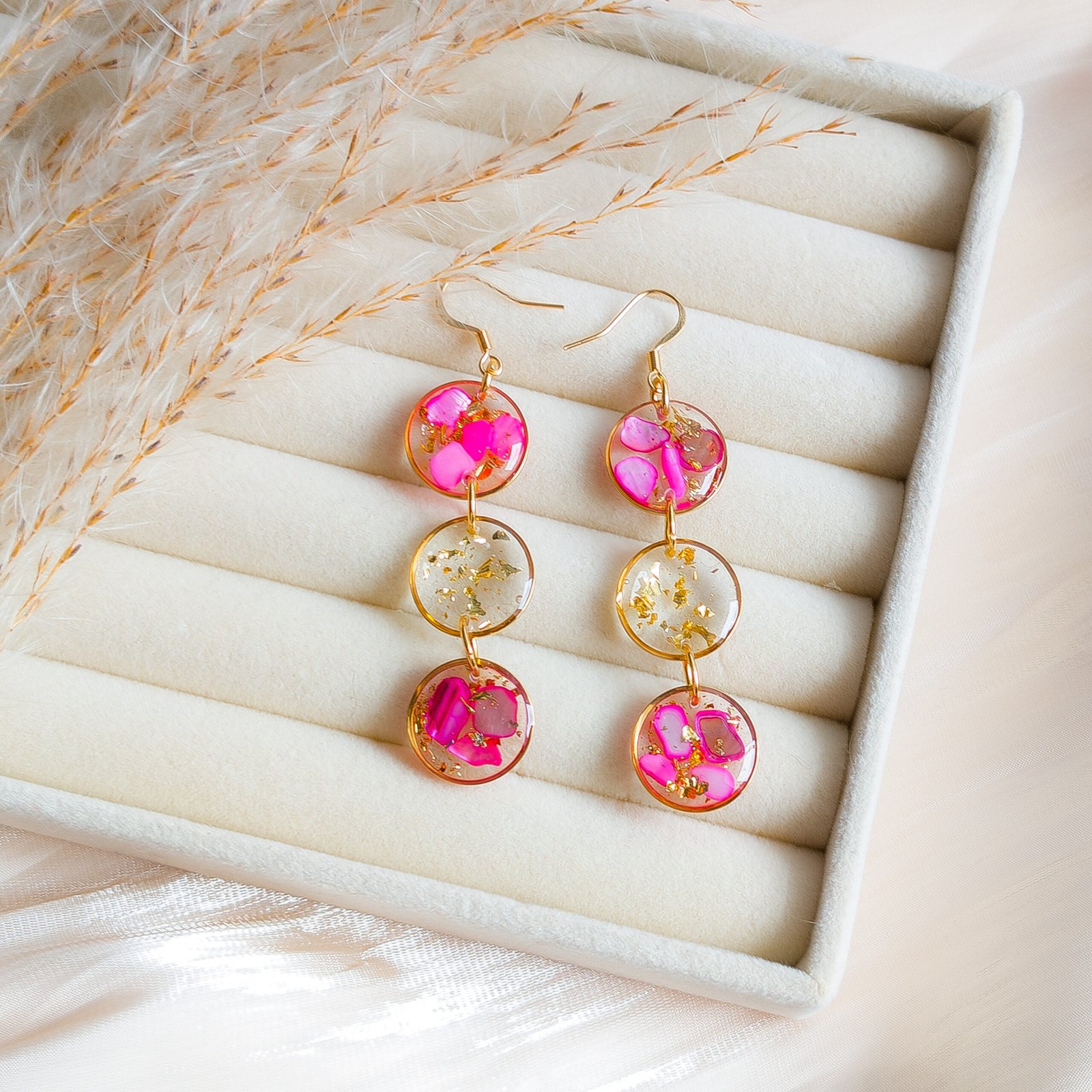 Vibrant Pink Shell Triple Drop Earrings - Image 4