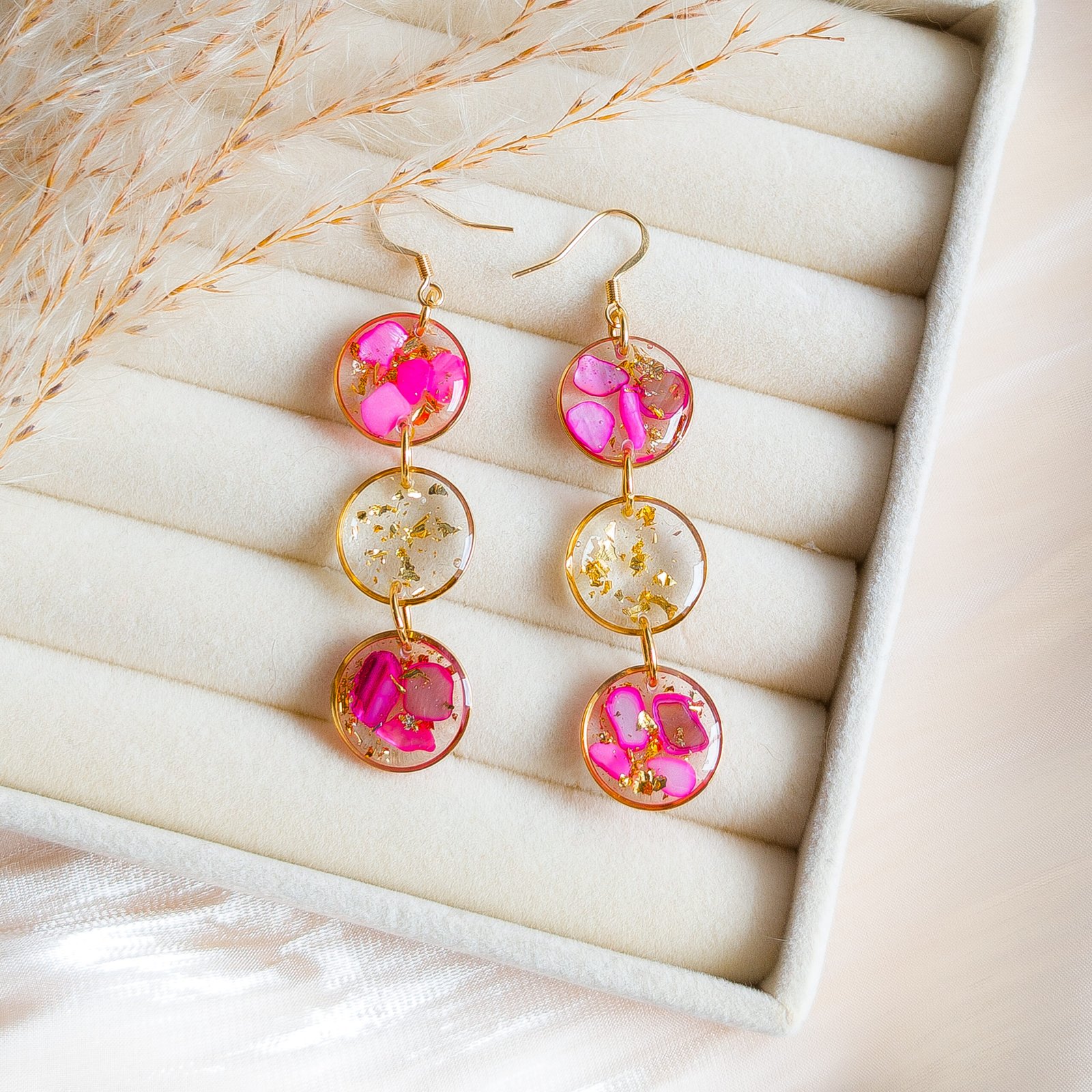 Vibrant Pink Shell Triple Drop Earrings - Image 2