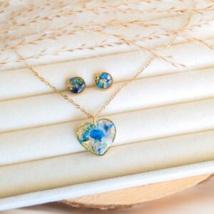 Blue Dried Flower Heart Studs and Necklace Set