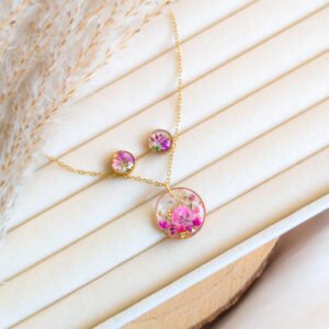 Pink-Purple Dried Flower Studs and Necklace Set