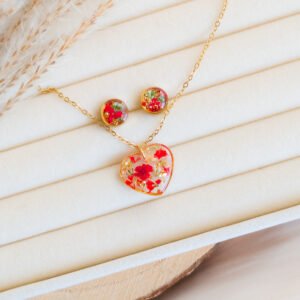 Red Flower Gold Flake Heart Studs and Necklace Set
