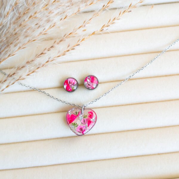 Pink Dried Flower Heart Studs and Necklace Set