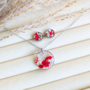 Red Dried Flower Studs and Necklace Set