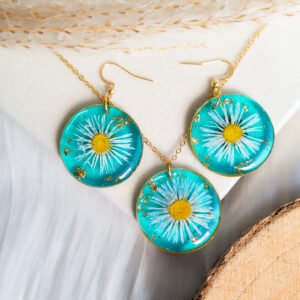 Turquoise Transparent Daisy Gold Flake Earrings and Necklace Set