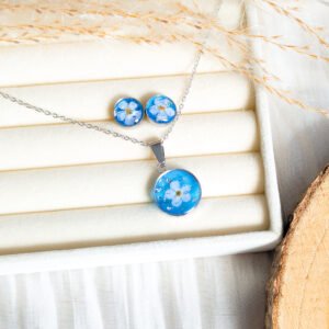 Blue Forget-Me-Not Resin Studs and Necklace Set