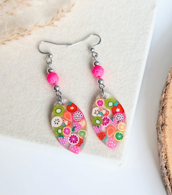 Fruit Resin Earrings with Neon Pink Lava Bead
