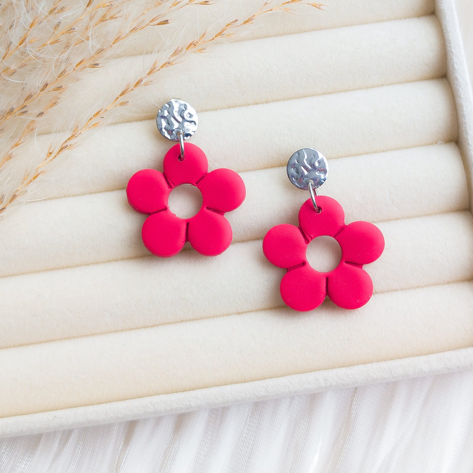 Red Polymer Clay Flower Earrings - Image 3