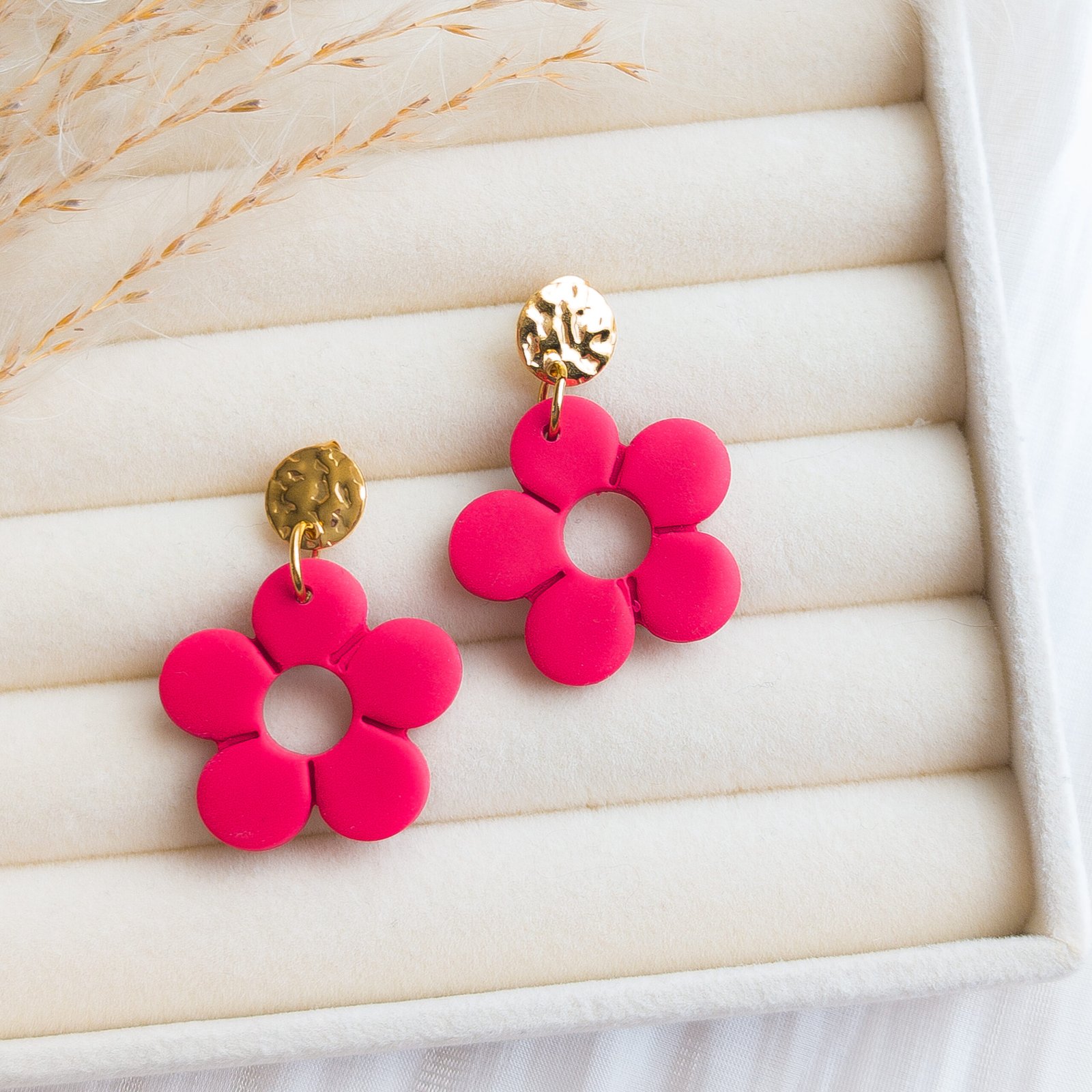 Red Polymer Clay Flower Earrings