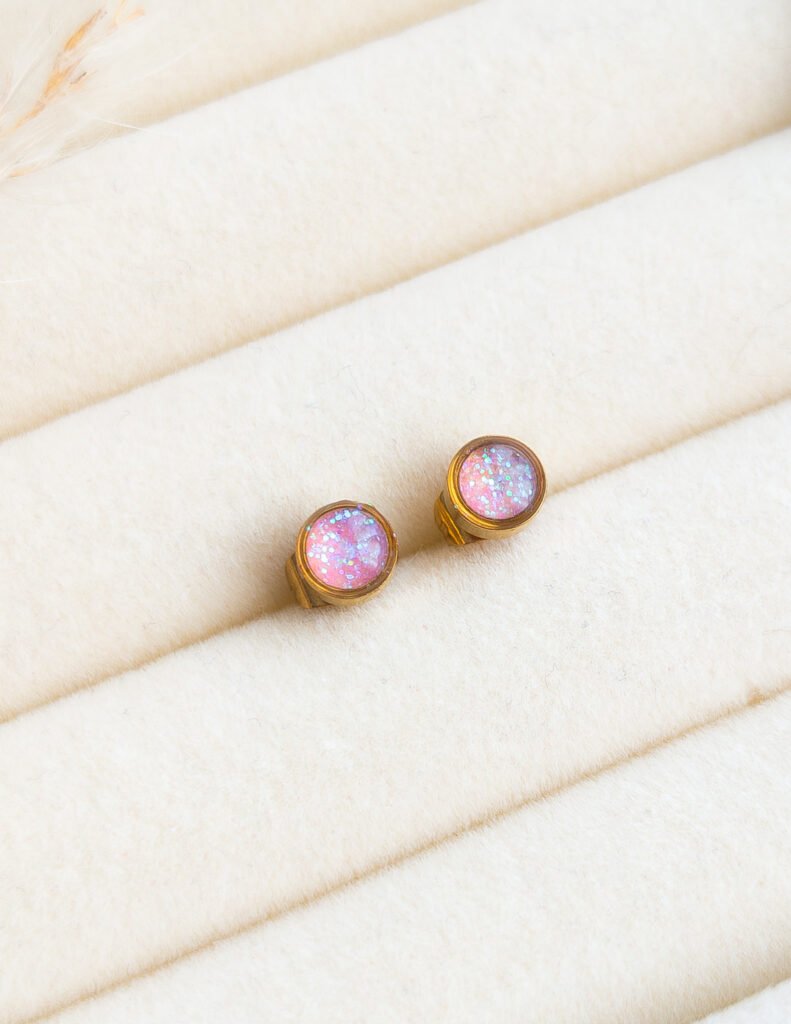 Iridescent Pink Glitter Stud Earrings