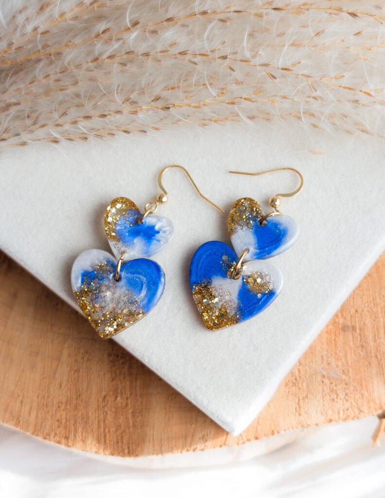 Dark Blue & Gold Glitter Heart Earrings