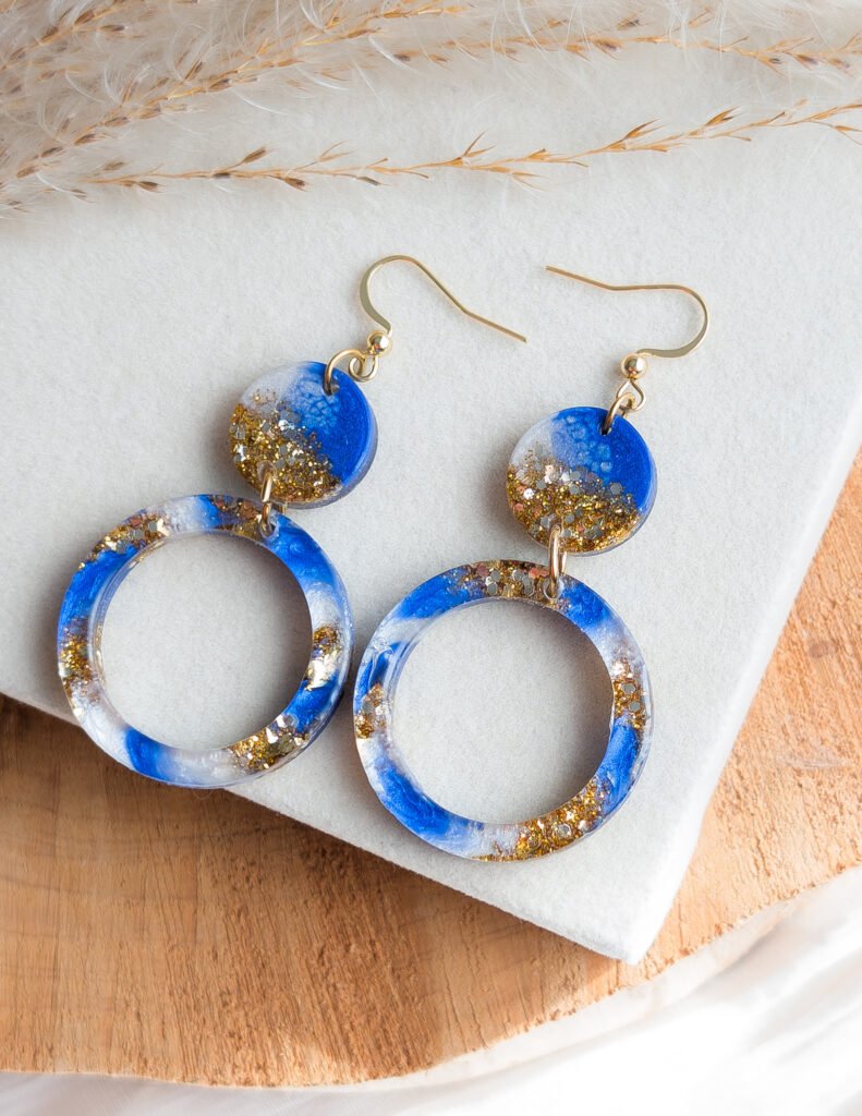 Dark Blue & Gold Glitter Hoop Earrings