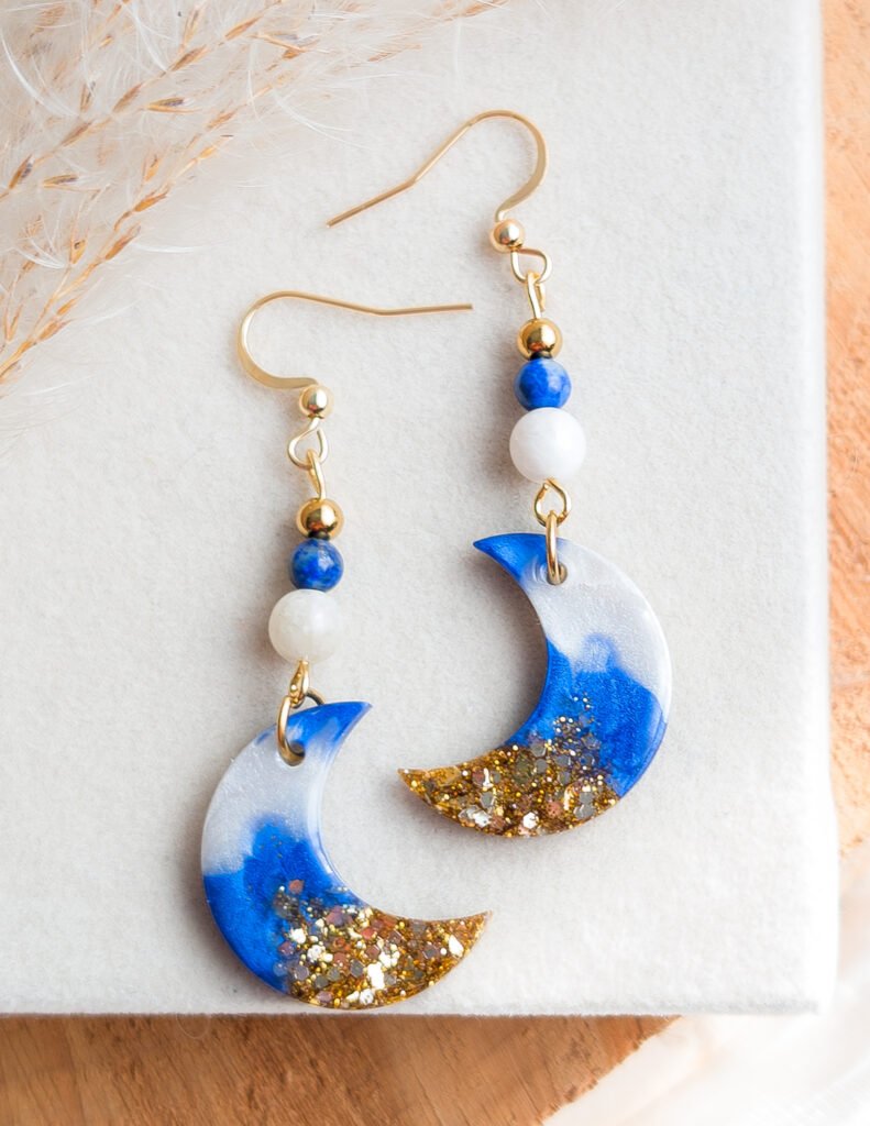 Dark Blue Moonstone & Lapis Lazuli Moon Earrings