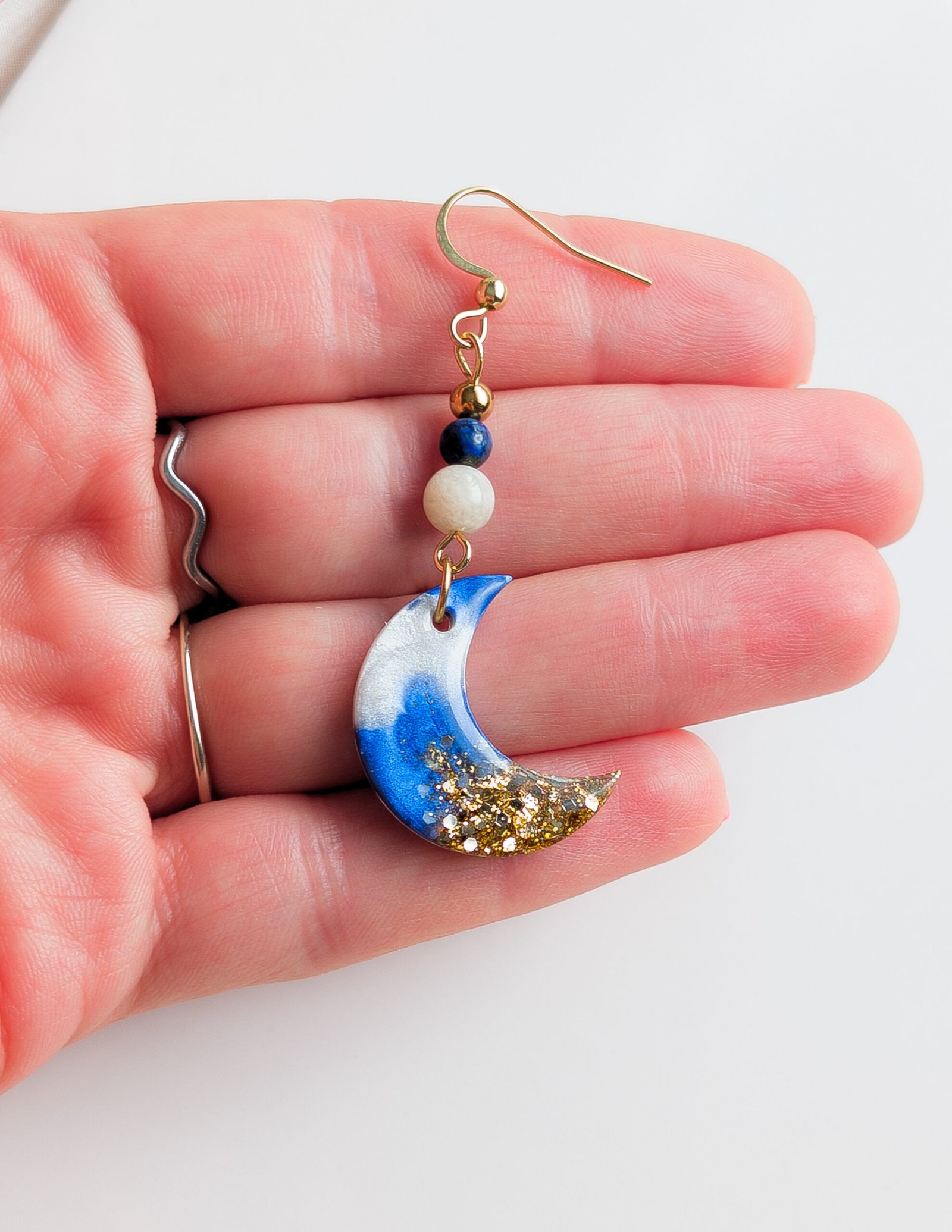 Dark Blue Moonstone & Lapis Lazuli Moon Earrings - Image 2