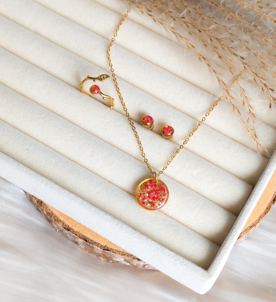 Red Flower Resin Necklace, Earrings & Adjustable Ring Set