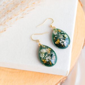 Deep Green Dandelion & White Flower Earrings