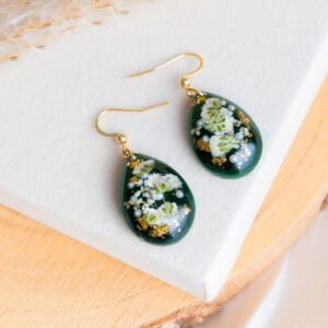 Deep Green White Flower & Pearl Earrings